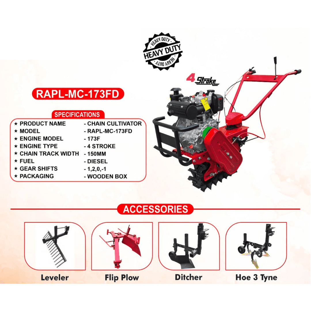 REALLY 7 HP Diesel Chain Cultivator + 4 Attachments RAPL-MC-173FD