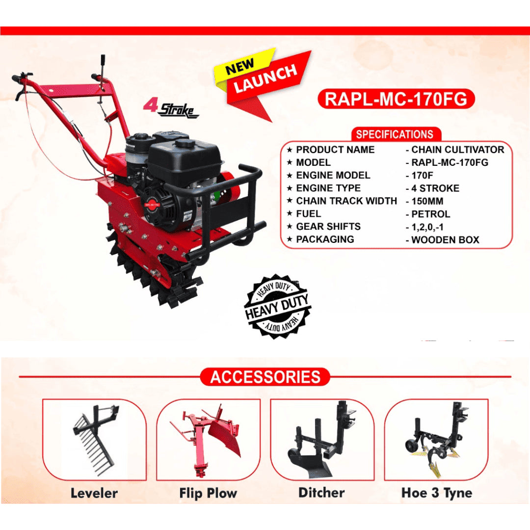 REALLY 7 HP 4000W Petrol Chain Cultivator 4 Stroke + 4 Attachments RAPL-MC-170FG