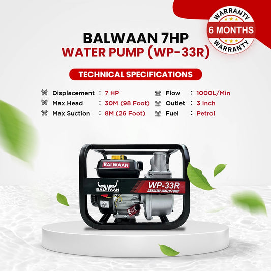 Balwaan Water Pump WP-33R | 7 HP Powerful 4-Stroke Petrol Engine | Maximum Discharge 1000-1200 liters/min, RPM 3600 | For Irrigation, Agriculture, Farming | Get 1 litre Engine Oil Free