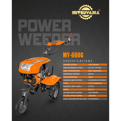 MITSUYAMA 7 HP 4000W 212CC 4 Stroke Power Tiller with Headlight MY-600G