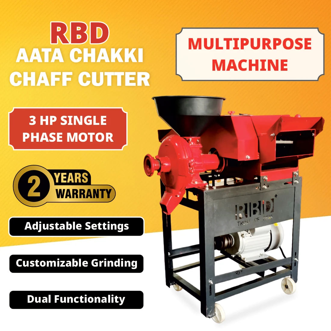 RBD 3 HP 2-in-1 Chaff Cutter with Atta Chakki Copper Motor RBD-AC