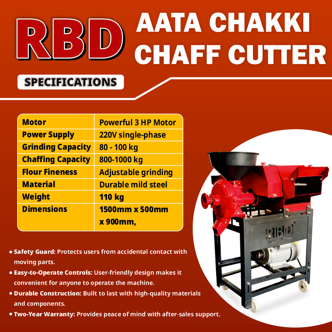 RBD 3 HP 2-in-1 Chaff Cutter with Atta Chakki Copper Motor RBD-AC
